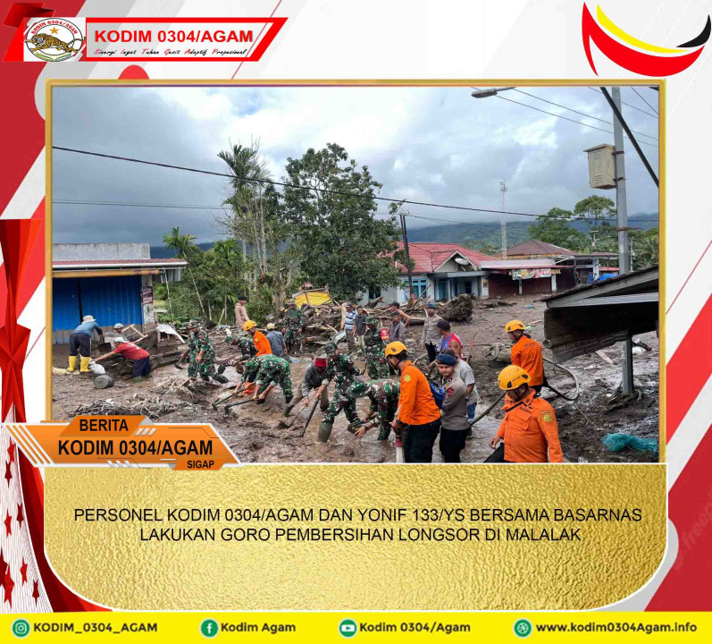 PERSONEL KODIM 0304/AGAM DAN YONIF 133/YS BERSAMA BASARNAS LAKUKAN GORO PEMBERSIHAN LONGSOR DI MALALAK